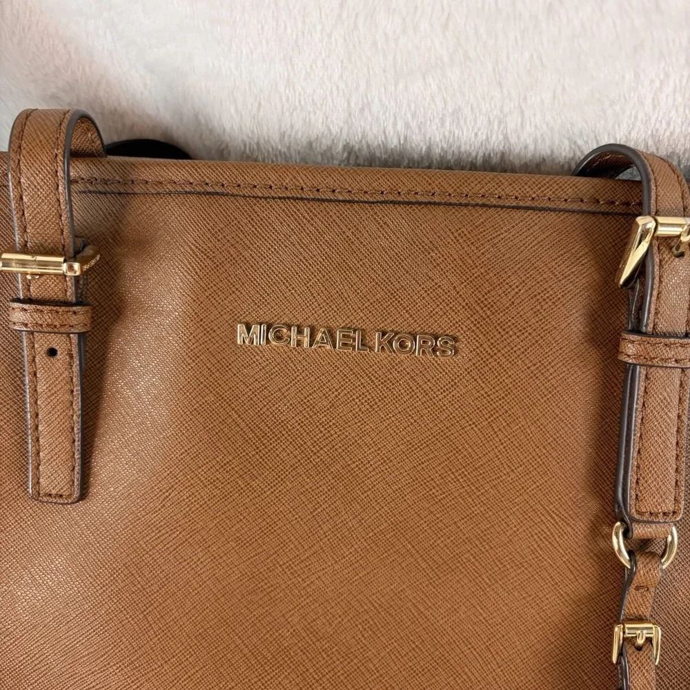 Michael Kors Jet Set Travel Saffiano Leather Tote Bag Luggage Brown Gold Charm
